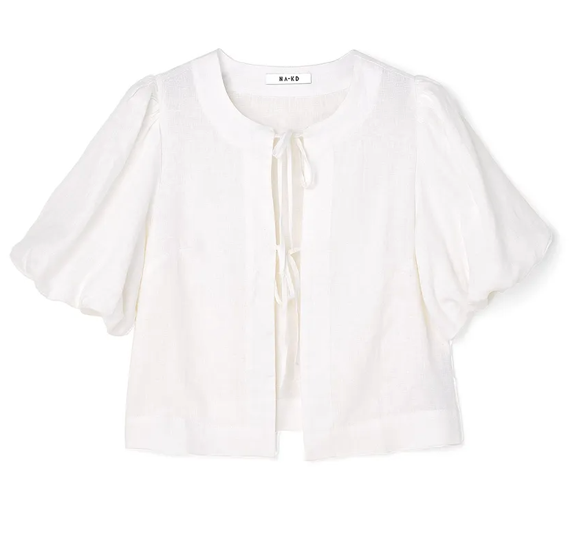 Linen Balloon Sleeve Tie Detail Blouse