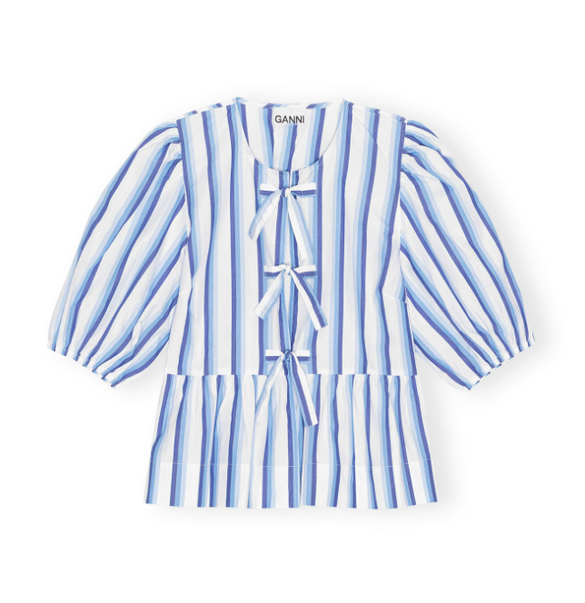 Blue Striped Cotton Poplin Peplum Tie Blouse