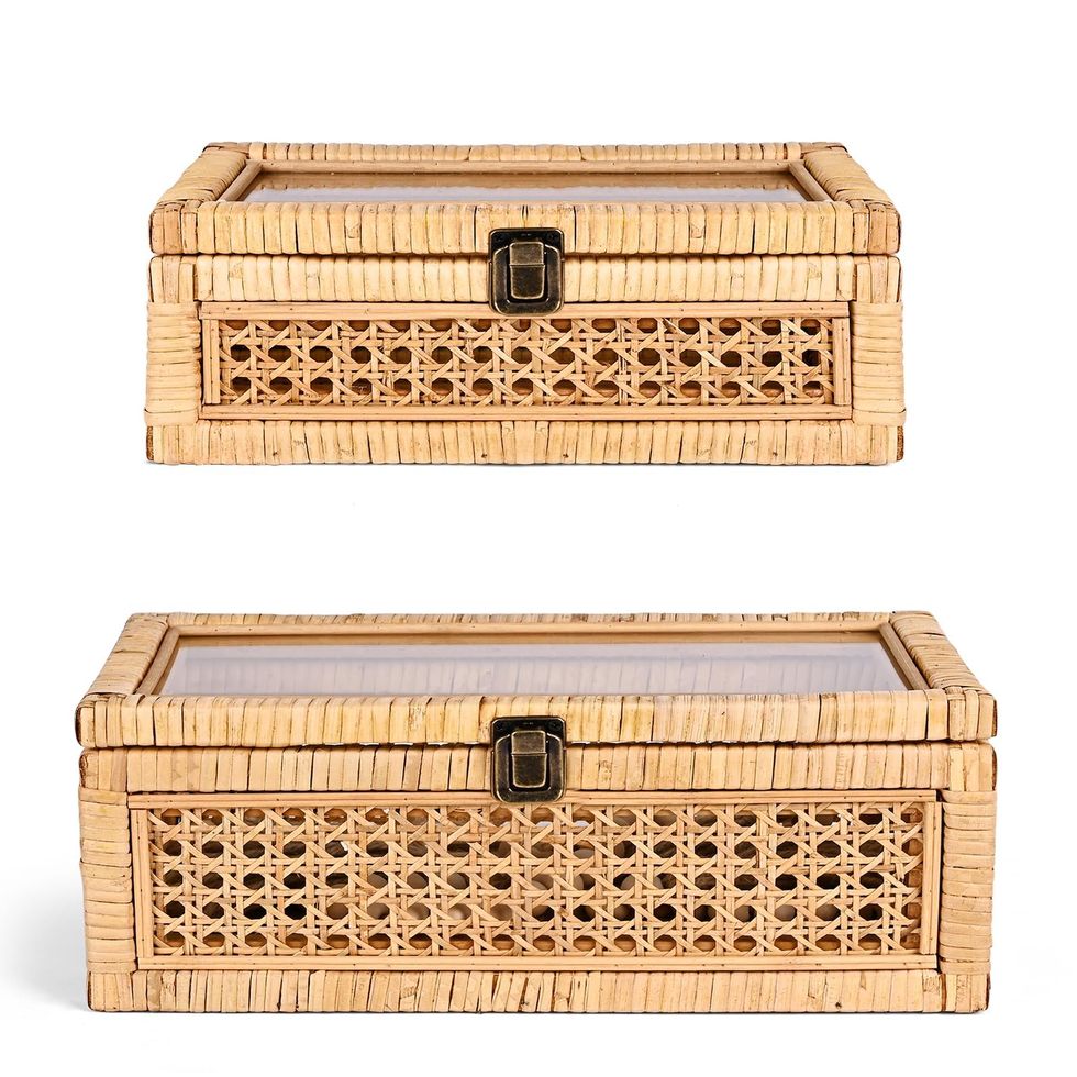  Set of 2 Rattan Decorative Boxes with Lids