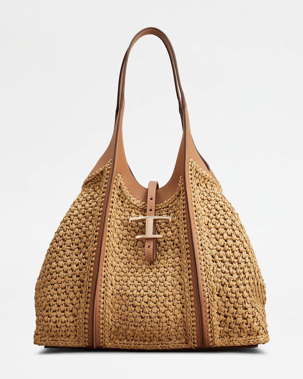 T Timeless Shopping Bag in Raffia and Leather Medium