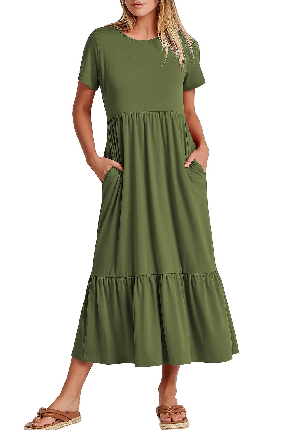 Short-Sleeve Crewneck Tiered Long Dress