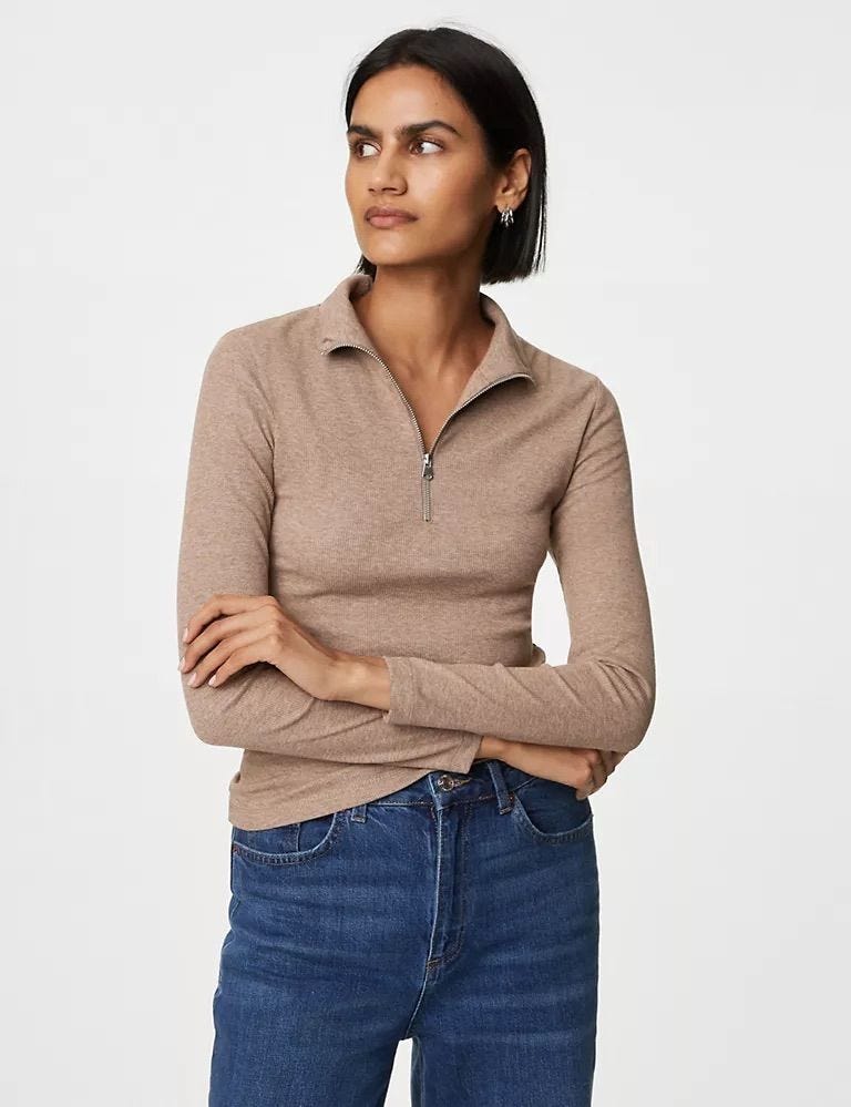 Cotton Rich Ribbed Half Zip Top