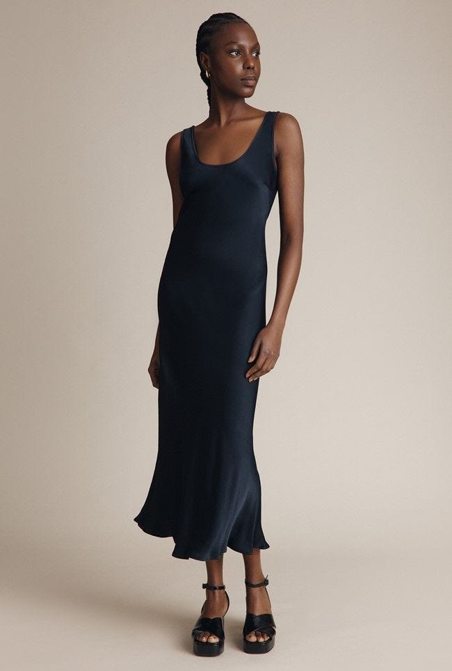 Palm Satin Slip Midi Dress in Navy