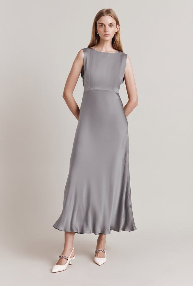 Aurelie Satin Midi Dress in Silver