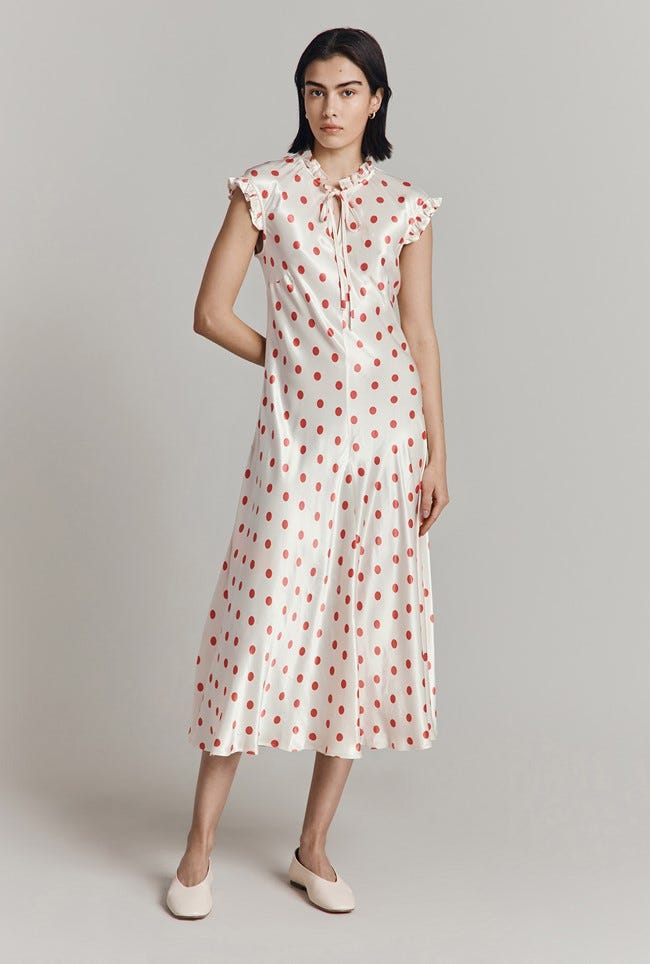 Cicely Satin Midi Dress in Ivory Polka Dot