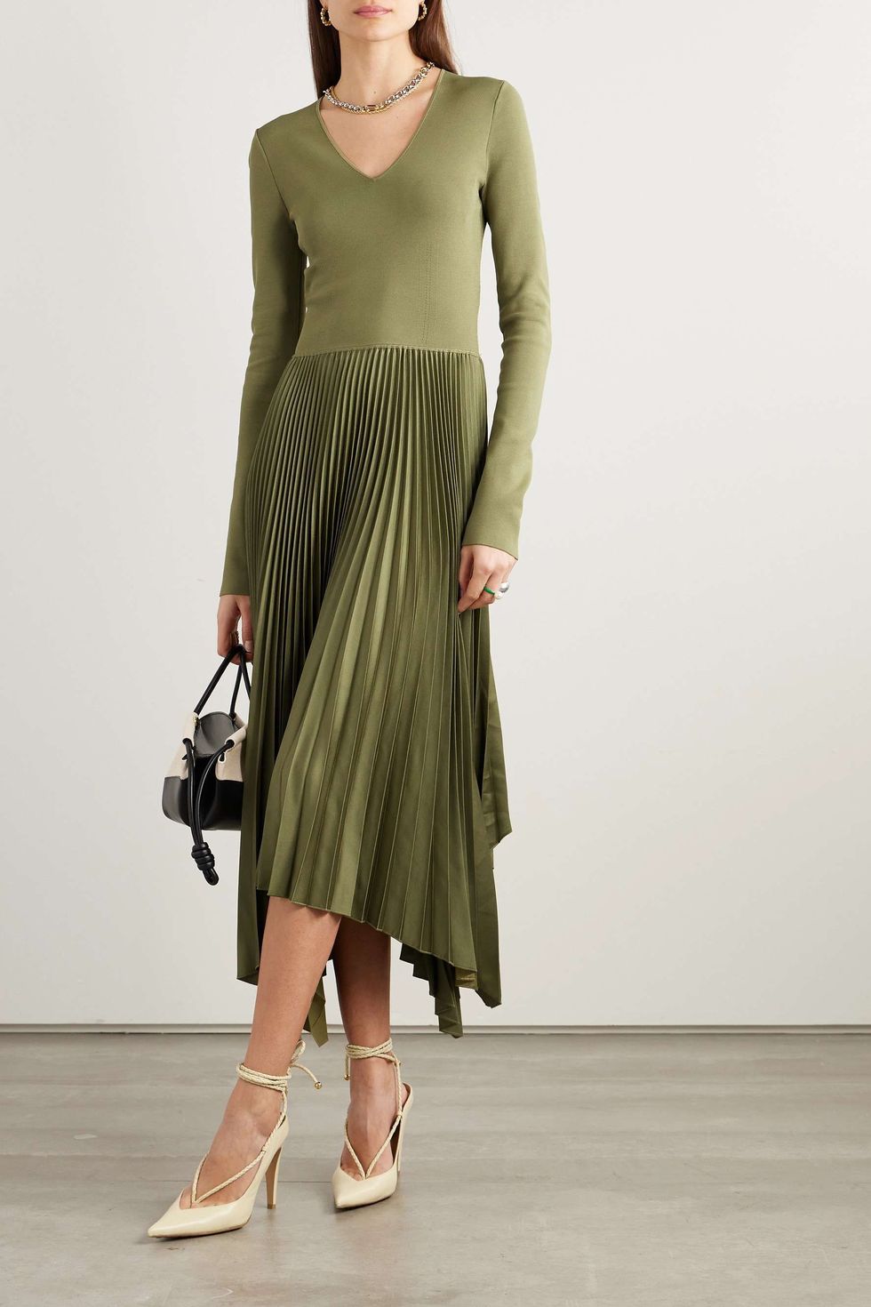 Dubois asymmetric knitted and pleated satin-crepe dress