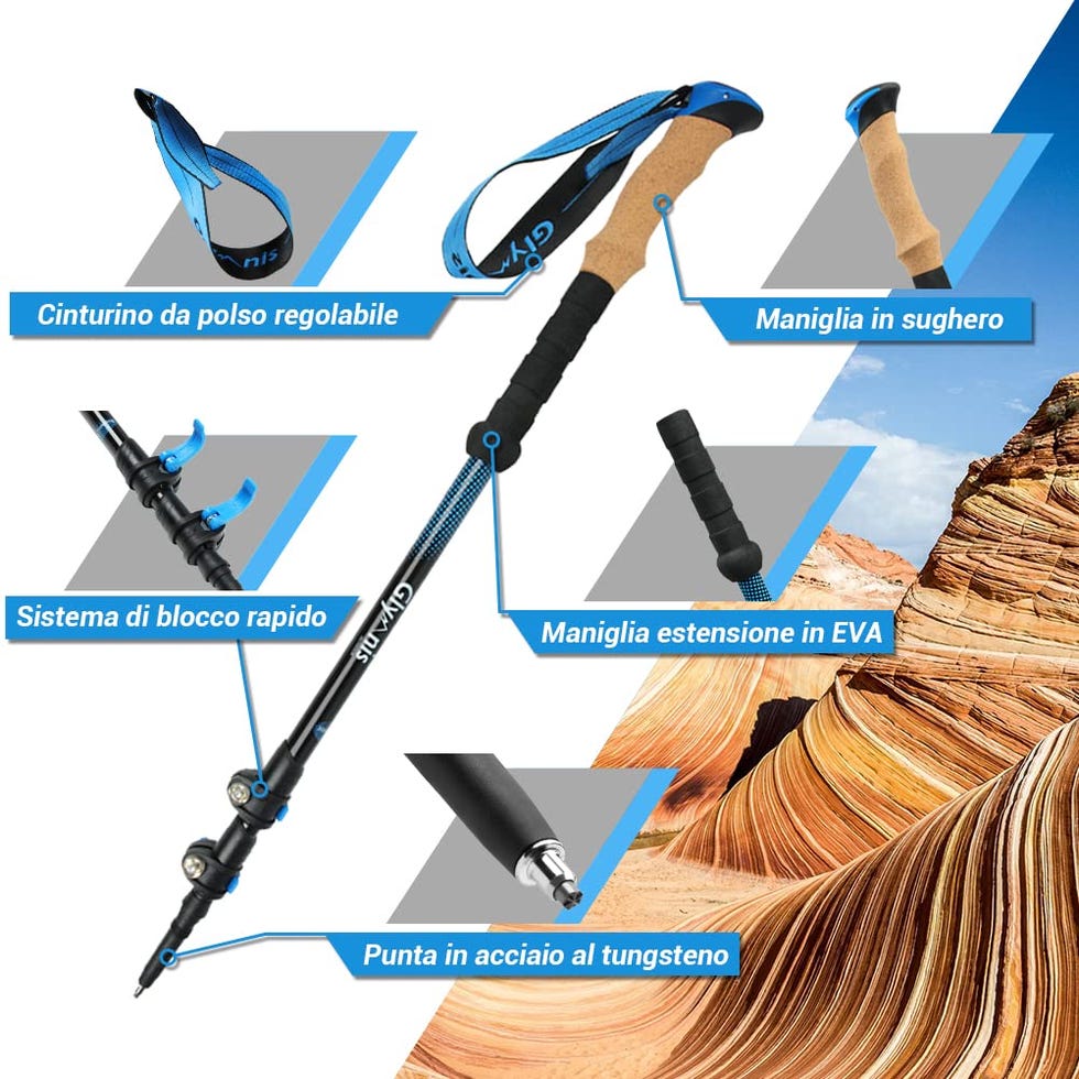 Glymnis Bastoni Trekking Bastoncini da Trekking 3 Sezioni Lunghezza Regolabile 65-135cm in Alluminio 7075 con Sistema di Blocco Rapido e Impugnatura in Sughero per Escursioni Blu