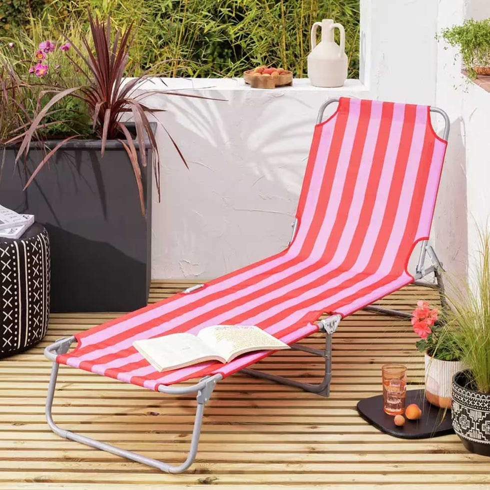 Folding Metal Sun Lounger – Pink & Red