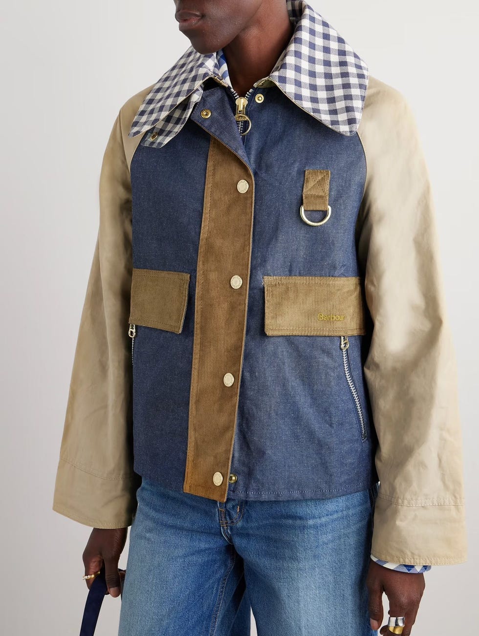 Corduroy-trimmed waxed-cotton and denim jacket