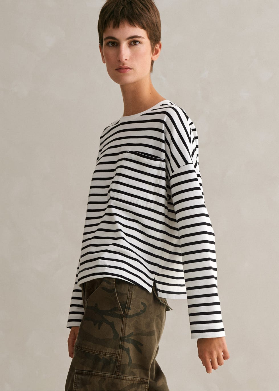 Pocket Detail Boxy Long Sleeve Stripe Top
