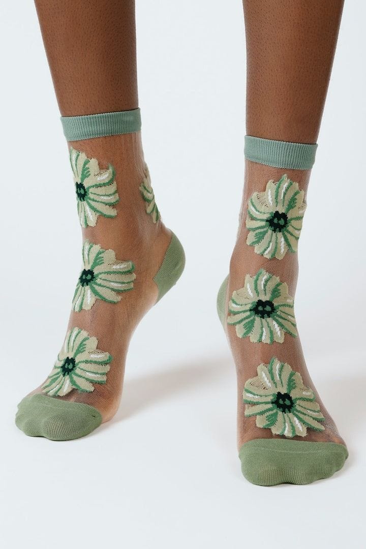 Calcetines florales transparentes color caqui