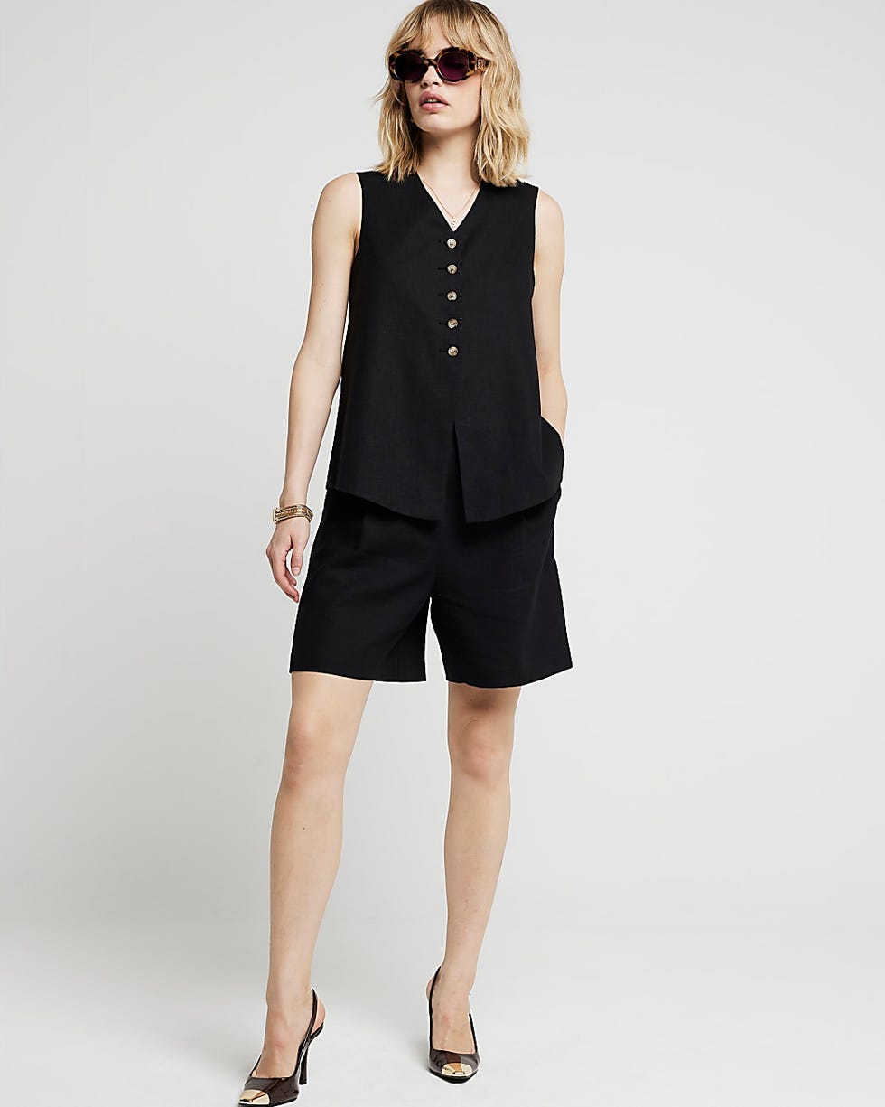 Black Linen Blend Button Up Waistcoat