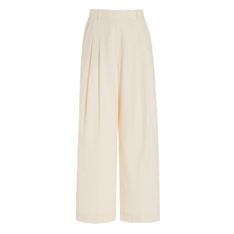 Textured Cotton Pleated Wide-Leg Trousers