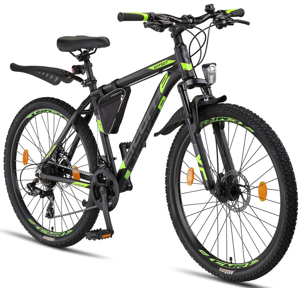 Licorne Bike Bicicleta de montaña prémium para niños, niñas, Hombres y Mujeres, Cambio de 21 velocidades, para Hombre, Effect, Niñas, Negro/Lima (2 Frenos de Disco) 26