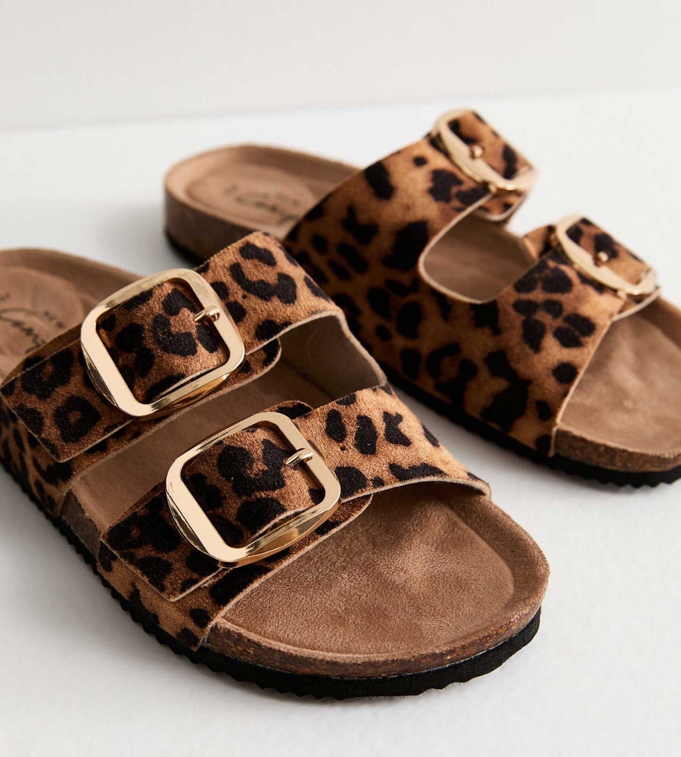 Leopard-Print Suedette Buckle-Strap Sliders