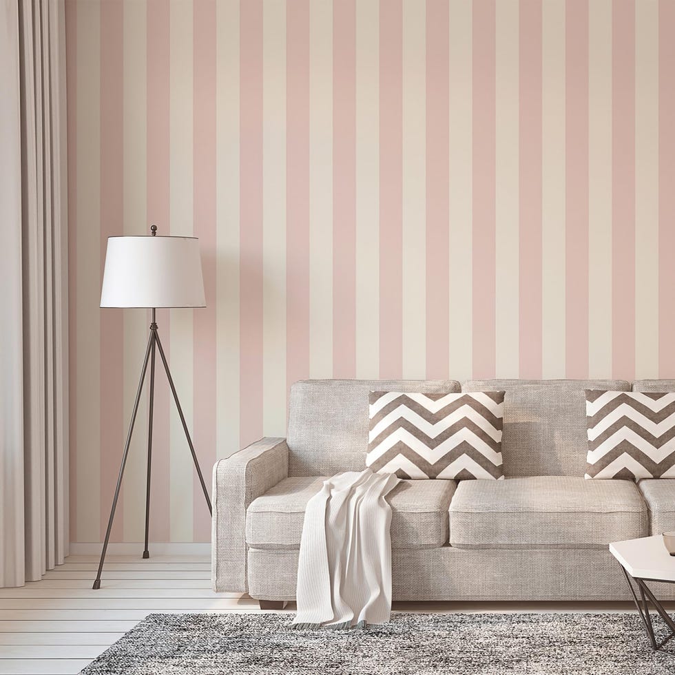Papel pintado a rayas, en rosa y blanco