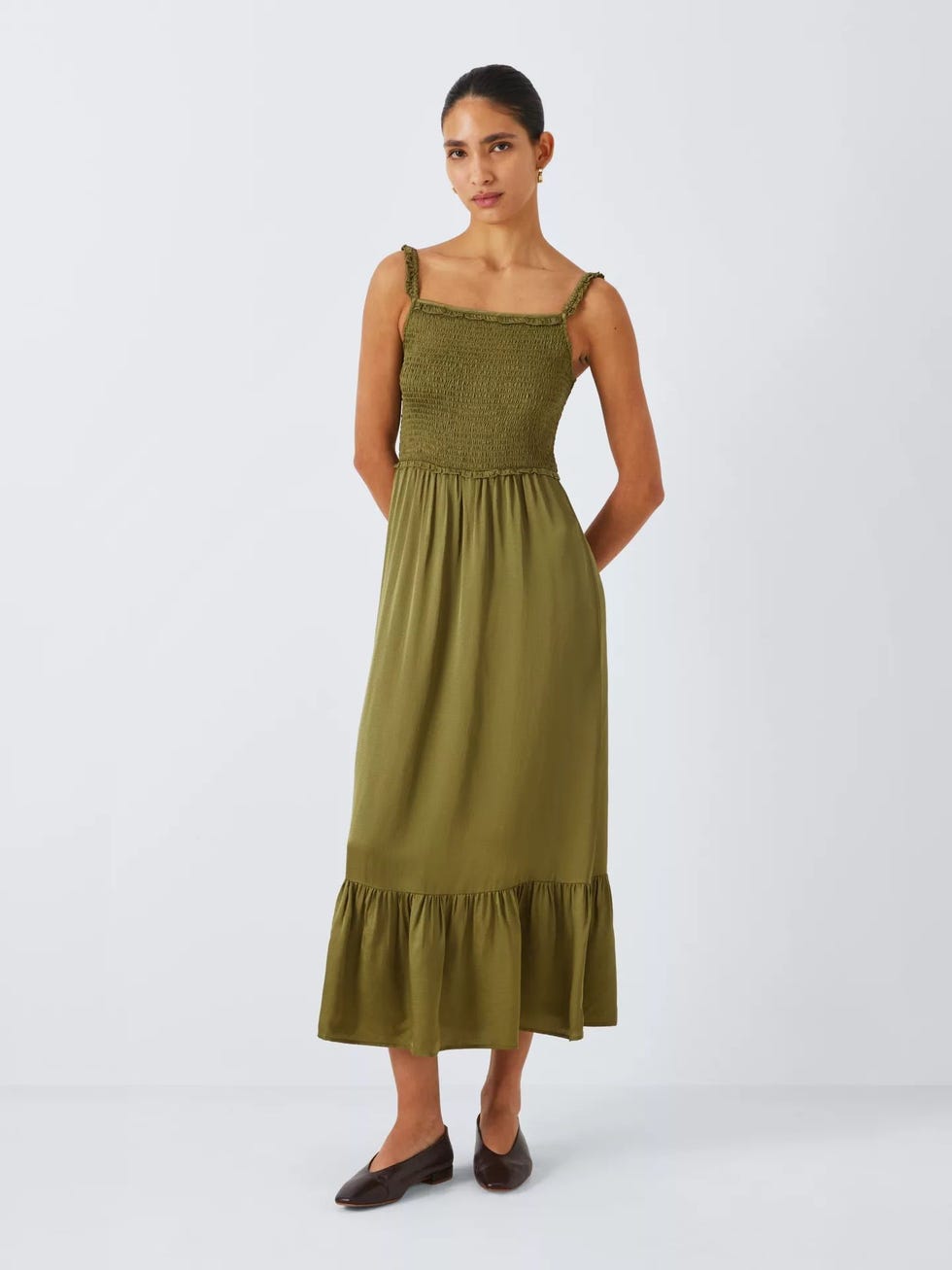 Satin Smocked Midi Dress