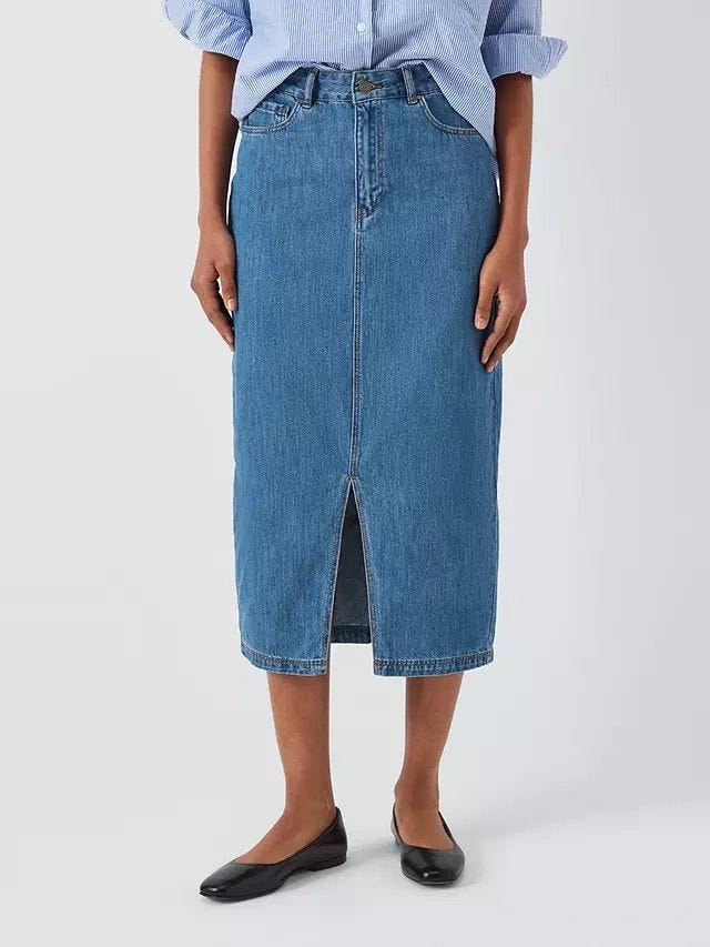 Front Slit Denim Midi Skirt