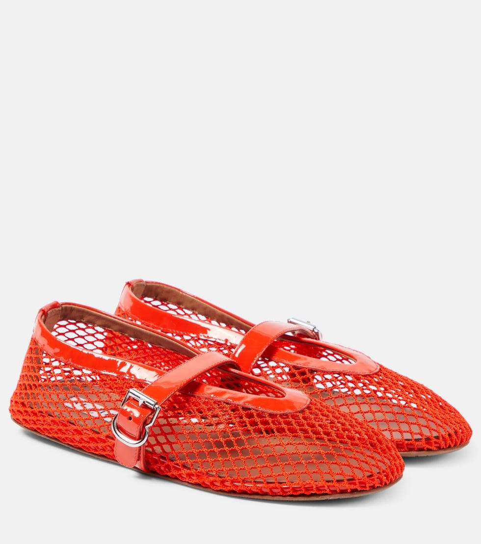 Leather-trimmed fishnet ballet flats