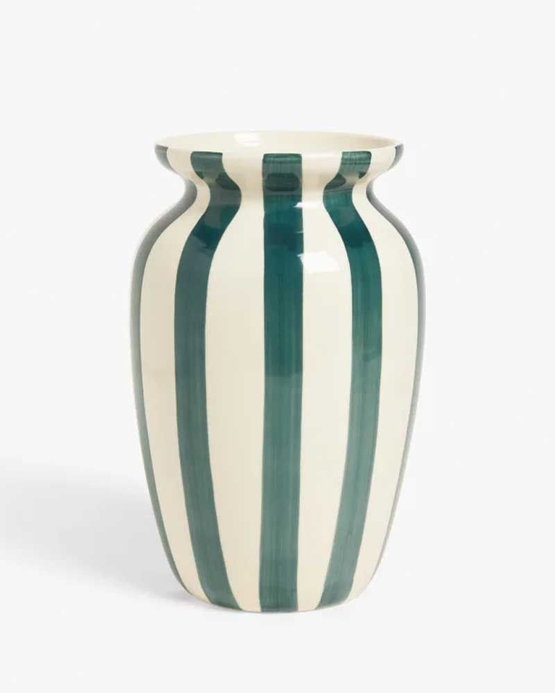 Hand Painted Striped Stoneware Vase, H26.5cm, Peacock