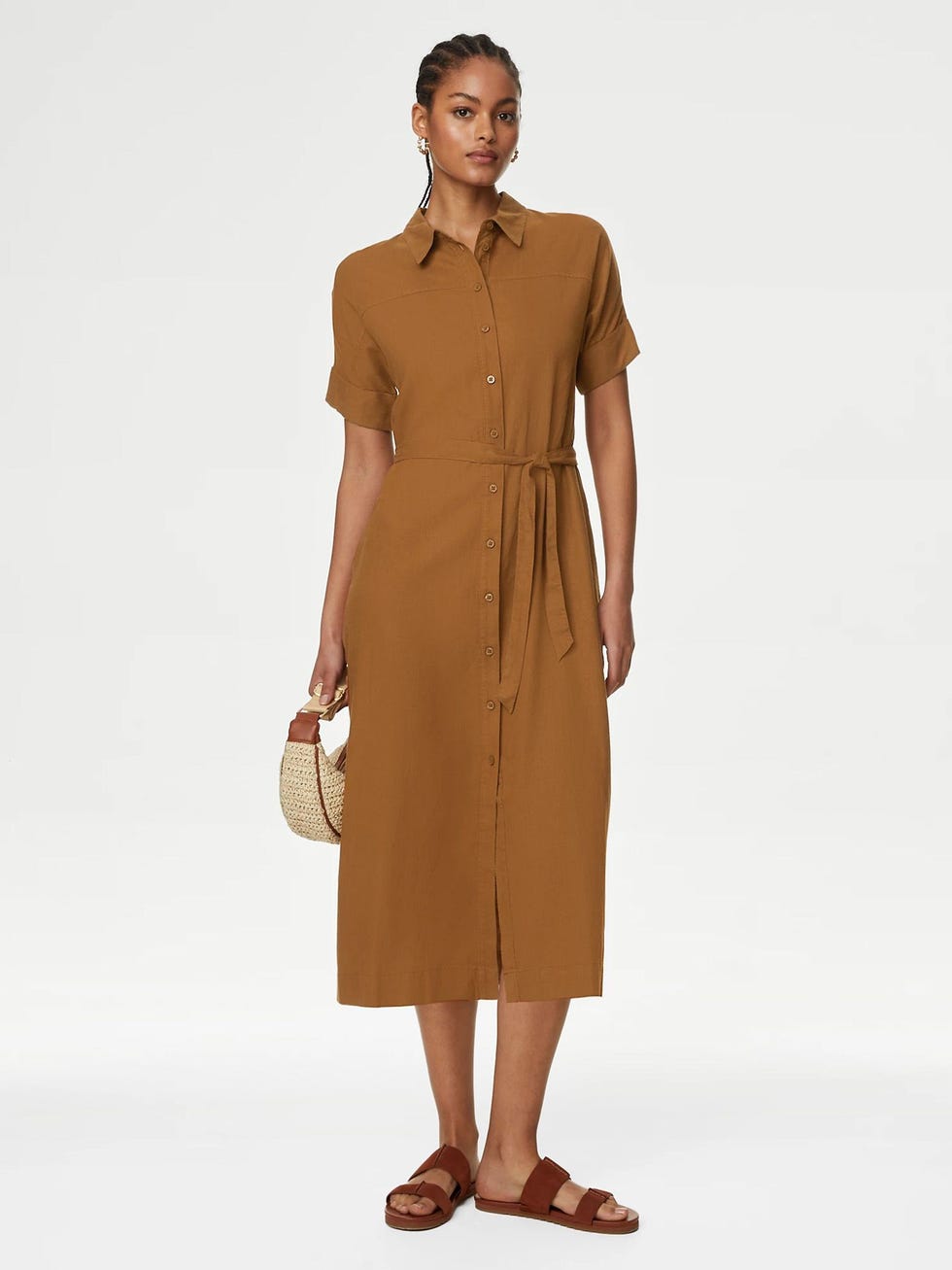 Linen Rich Button Through Midi Shirt Dress