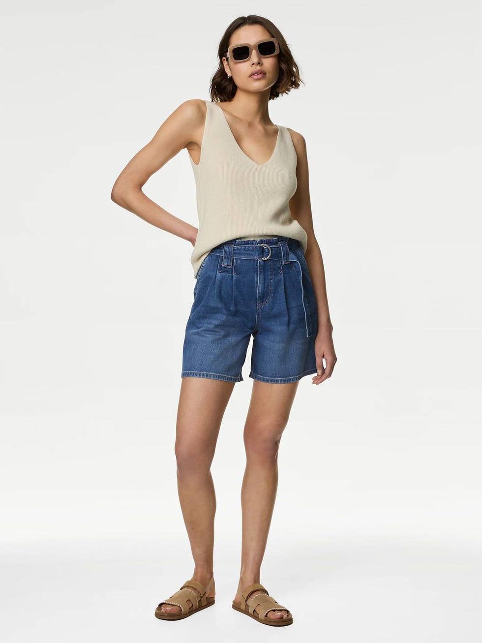 Denim Pleat Front Belted Shorts