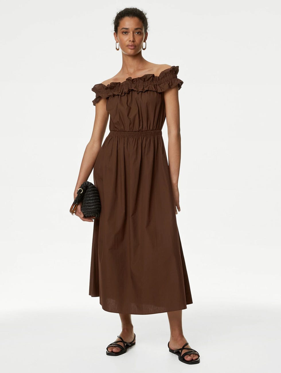 Pure Cotton Bardot Midaxi Waisted Dress