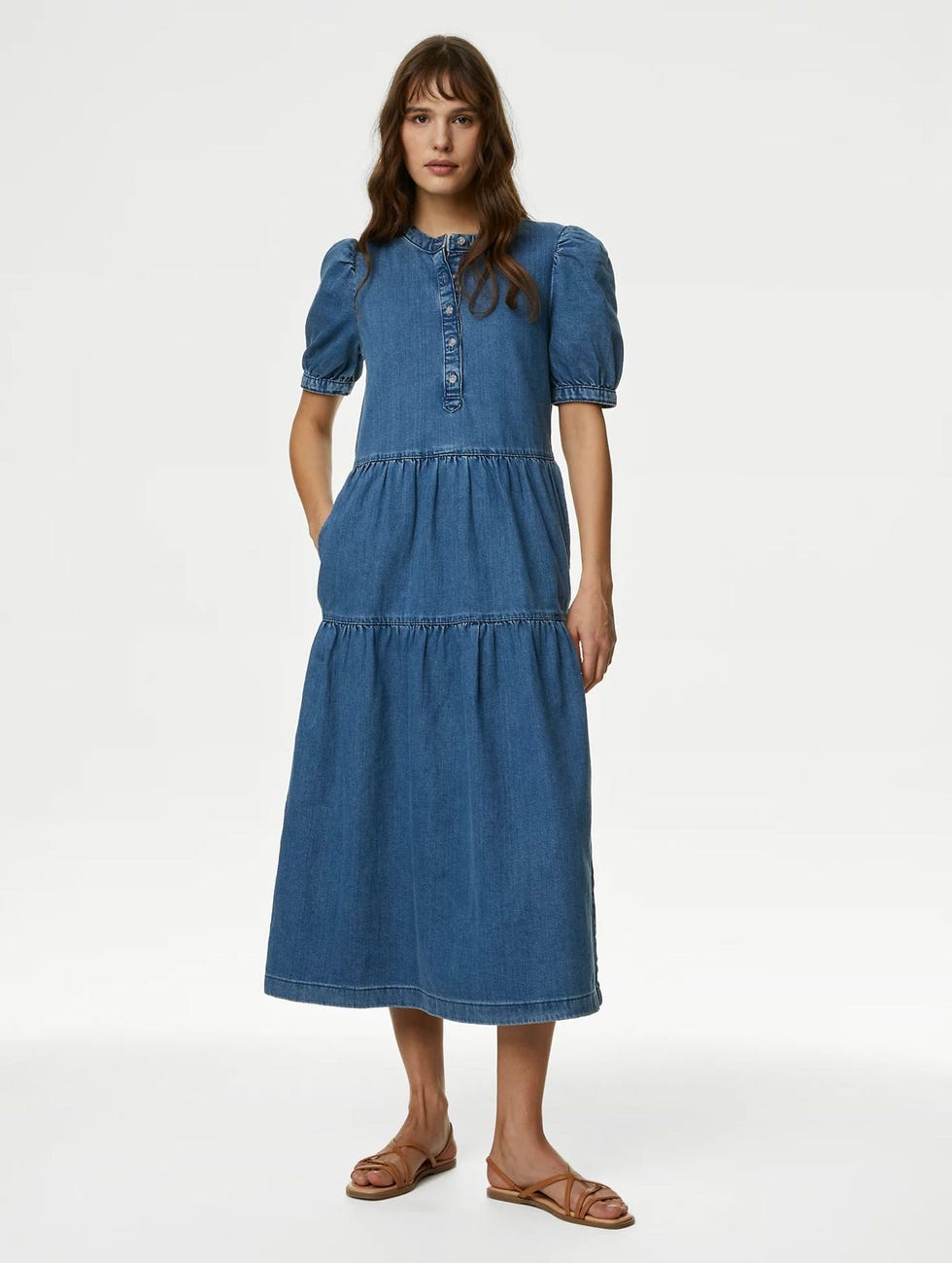 Denim Button Front Midi Tiered Dress