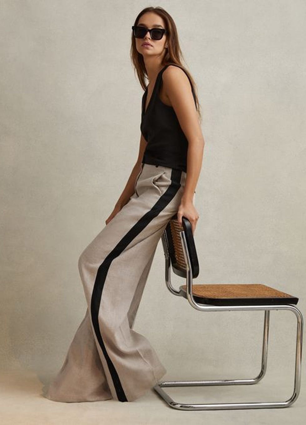 Colourblock linen wide leg trousers