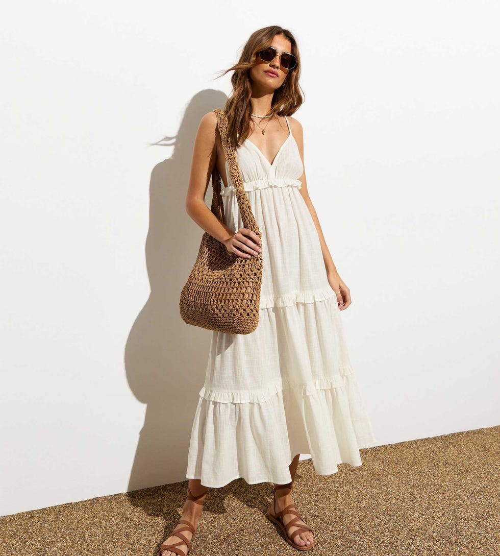 White Cotton Tiered Strappy Midi Dress