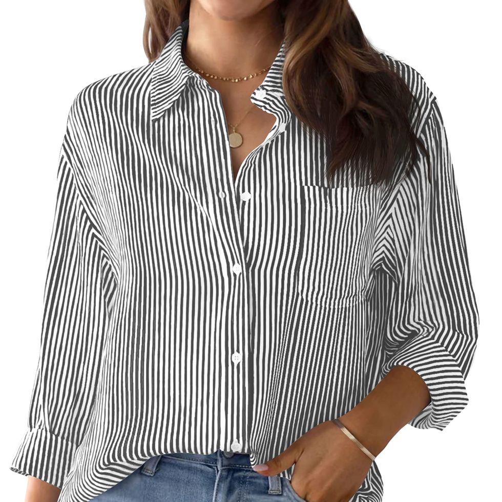 Button Down Striped Long Sleeve Collared Blouse