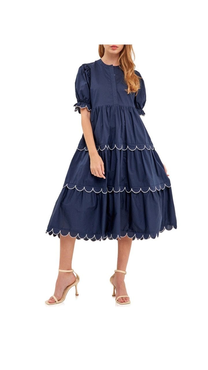 Contrast Scalloped Trim Cotton Midi Dress