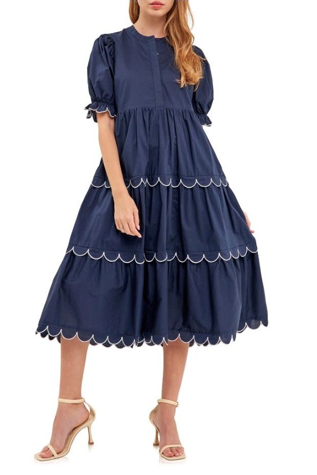 Contrast Scalloped Trim Cotton Midi Dress Contrast Scalloped Trim Cotton Midi Dress