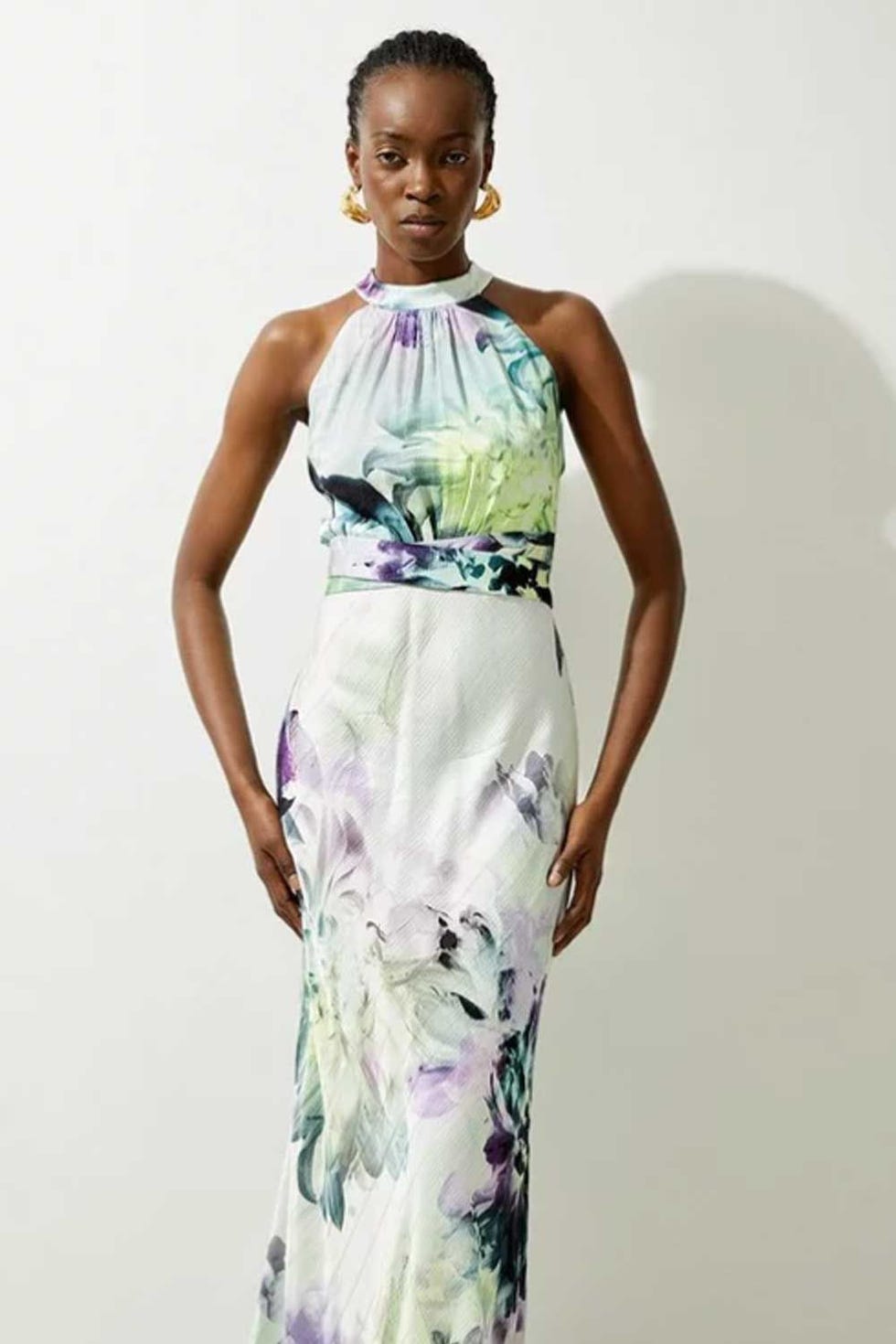 Spring Floral Hammered Satin Woven Halter Midi Dress