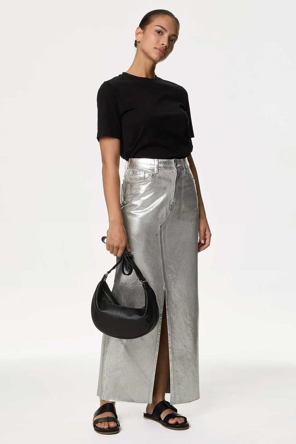 Denim Foil Metallic Maxi Skirt
