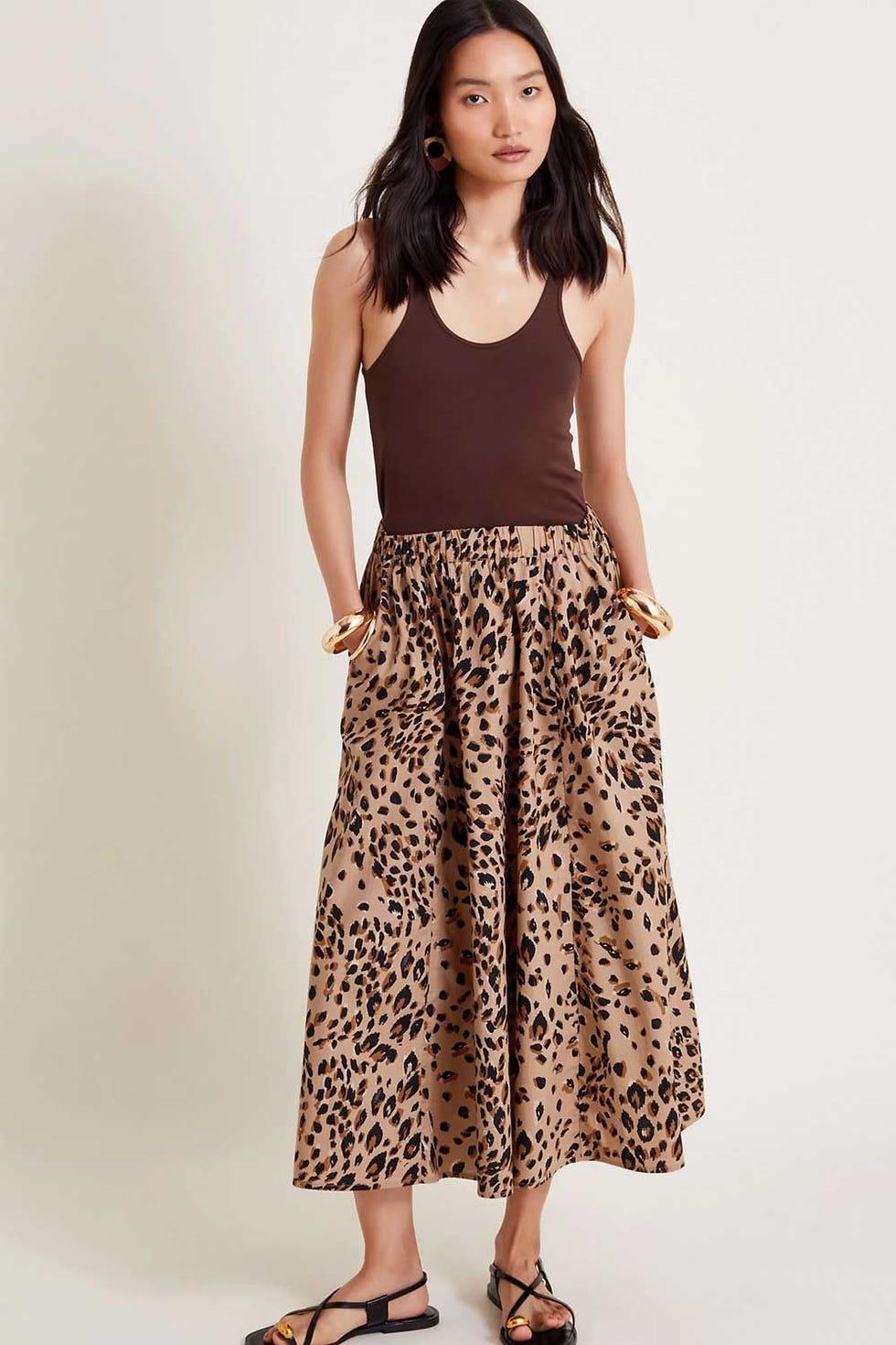 Pure Cotton Animal Print Pleated Midi Skirt