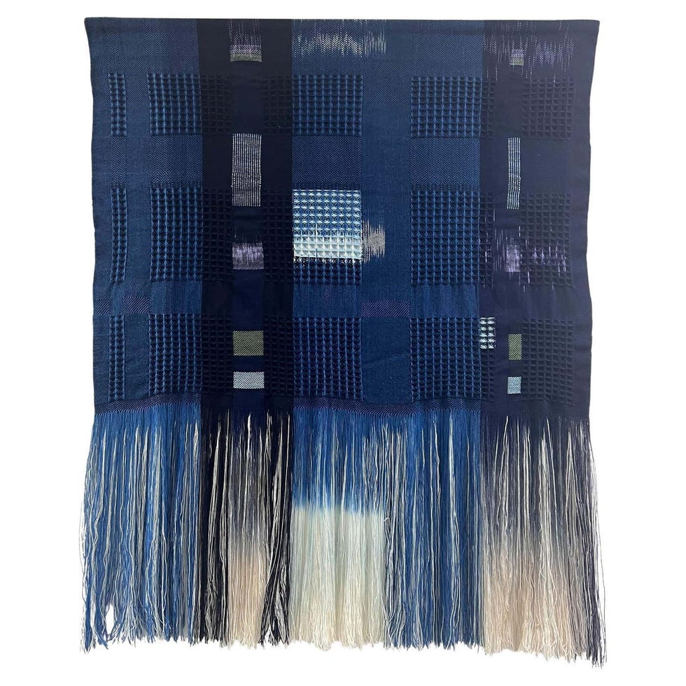 Handwoven 'Kantha III' 2-D Ikat Natural Indigo & Plant Dyed Fringed Artwork