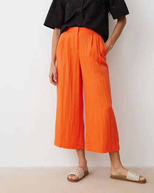 Coral Orange Cropped Pleated Trousers