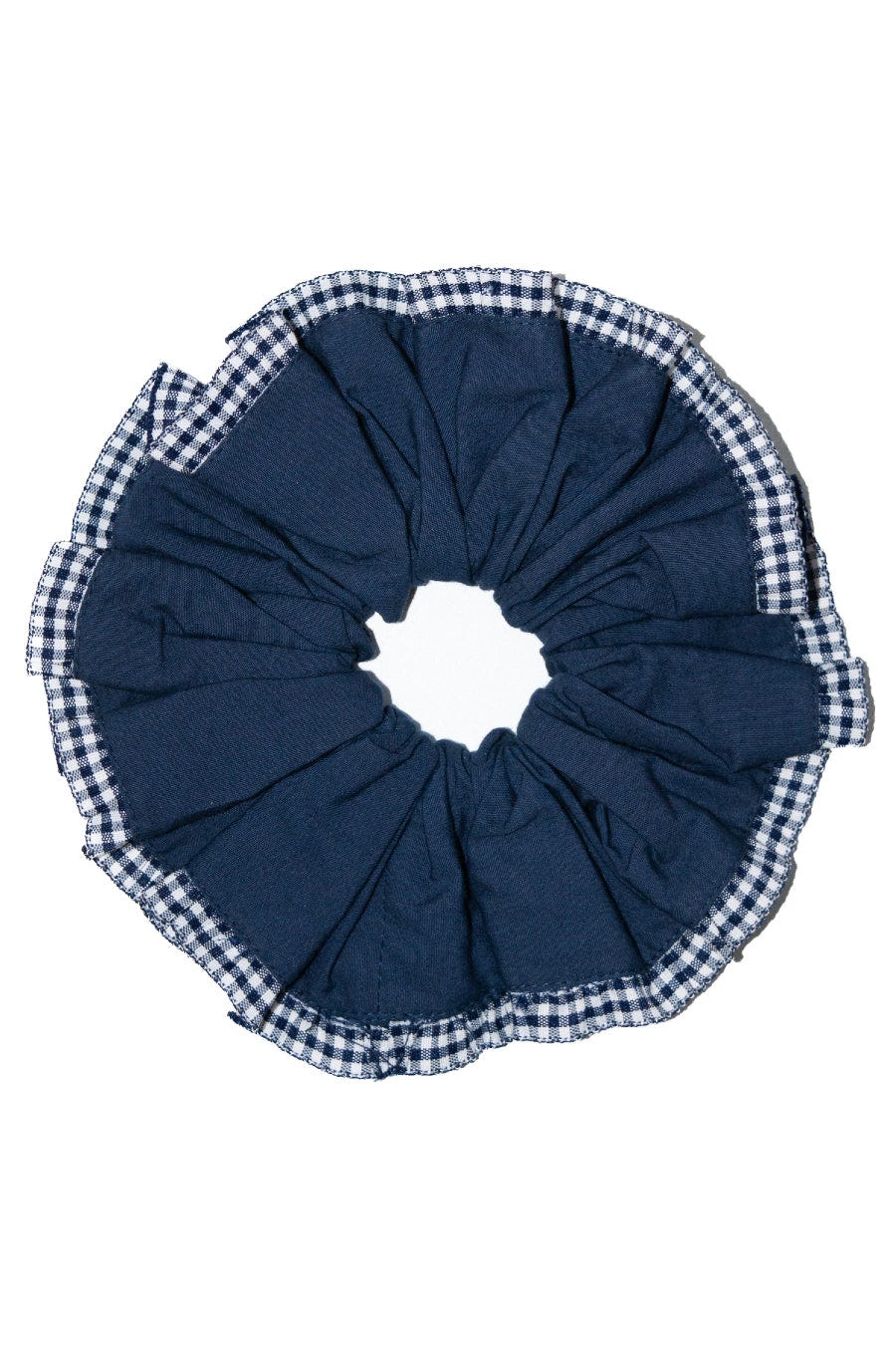 Frill scrunchie in navy with gingham edge