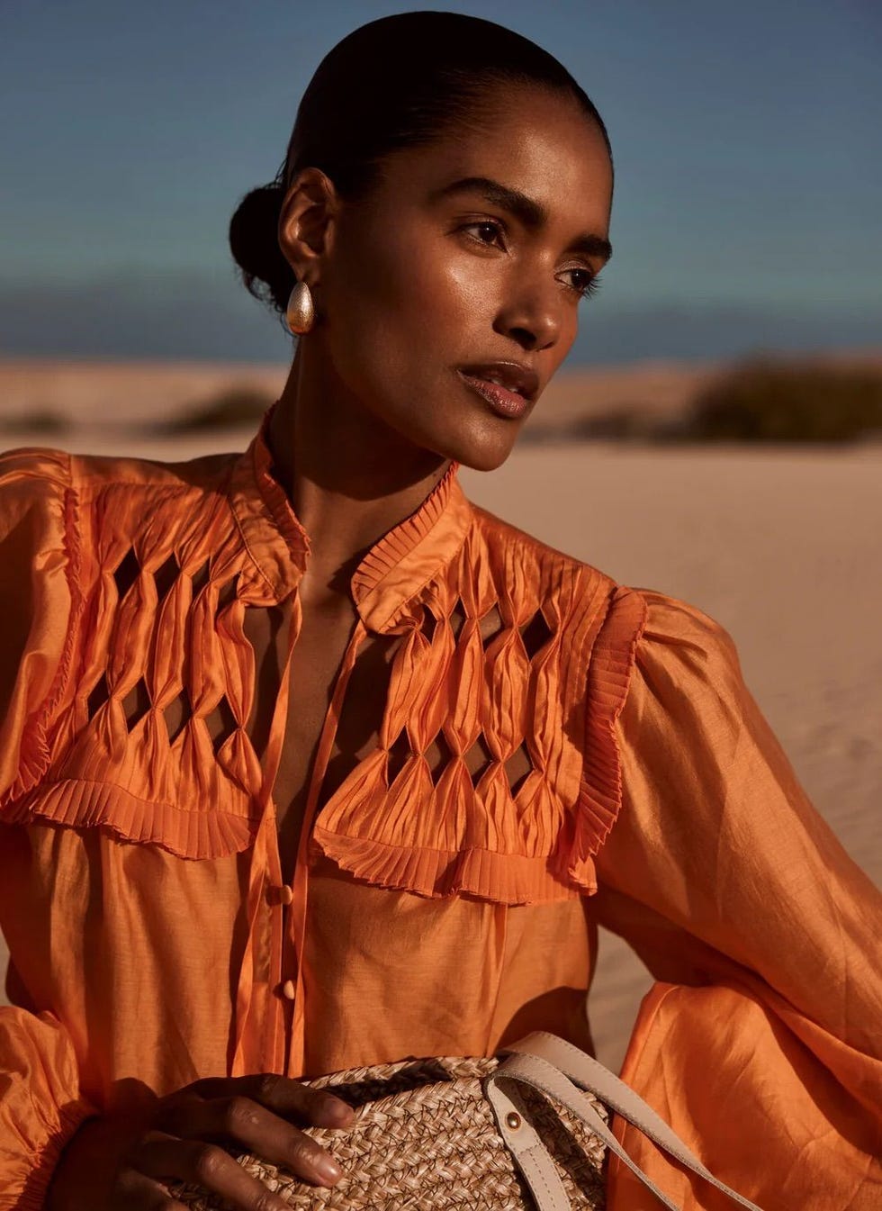 Orange Textured Tie Blouse