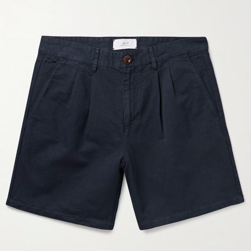 Straight-Leg Pleated Cotton and Linen-Blend Twill Shorts