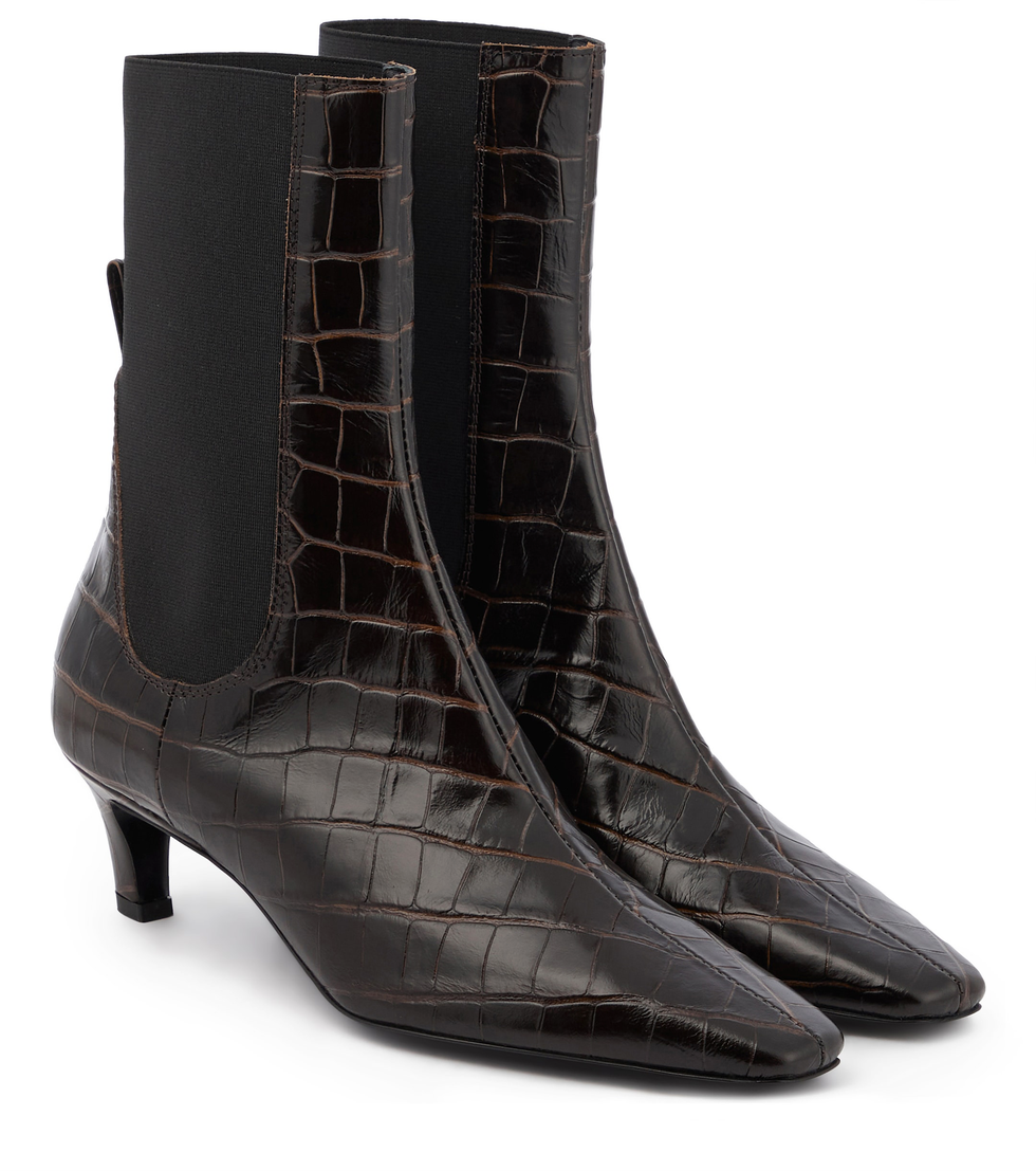 Crocodile-effect leather ankle boots