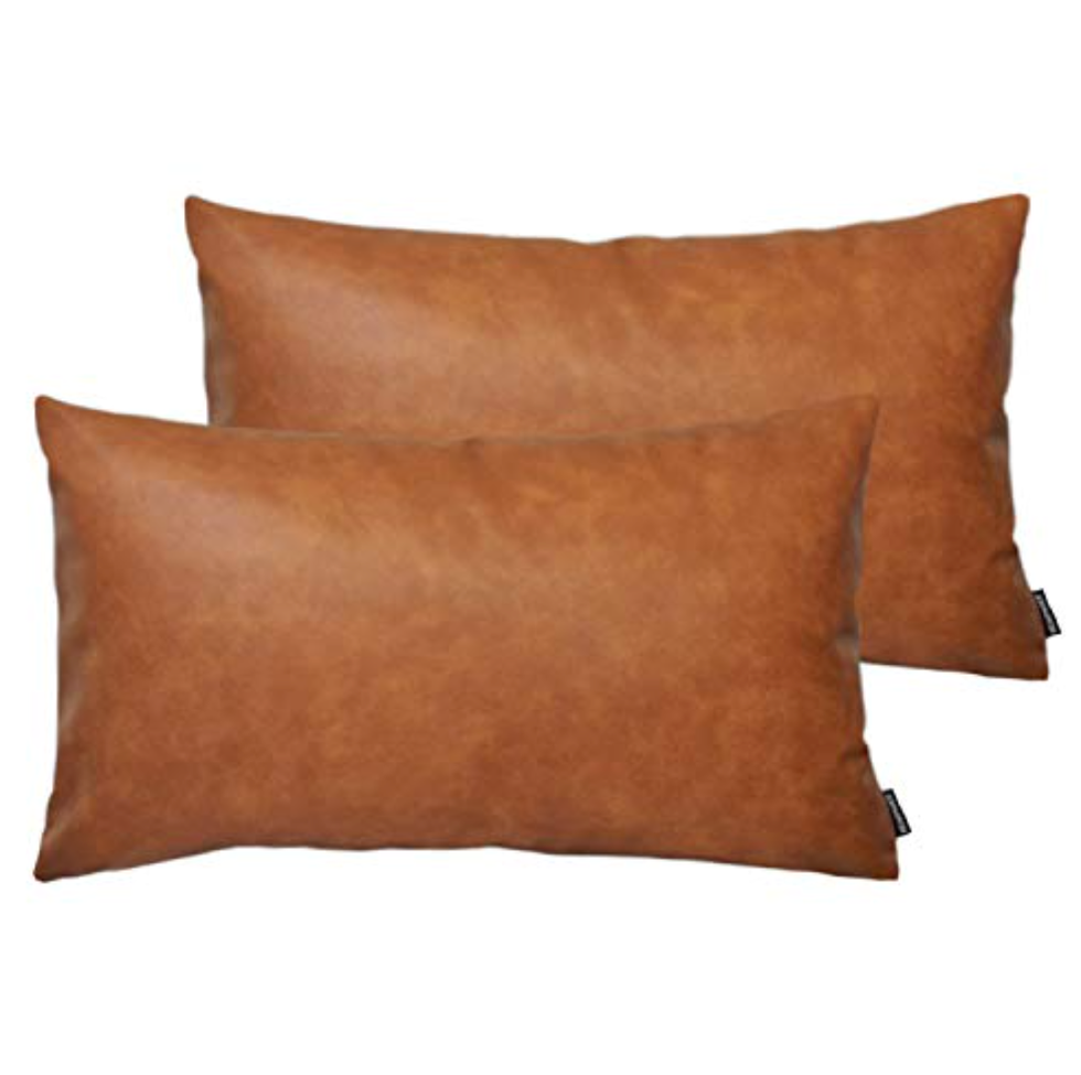Set of 2 Faux Leather Lumbar Throw Pillow Covers