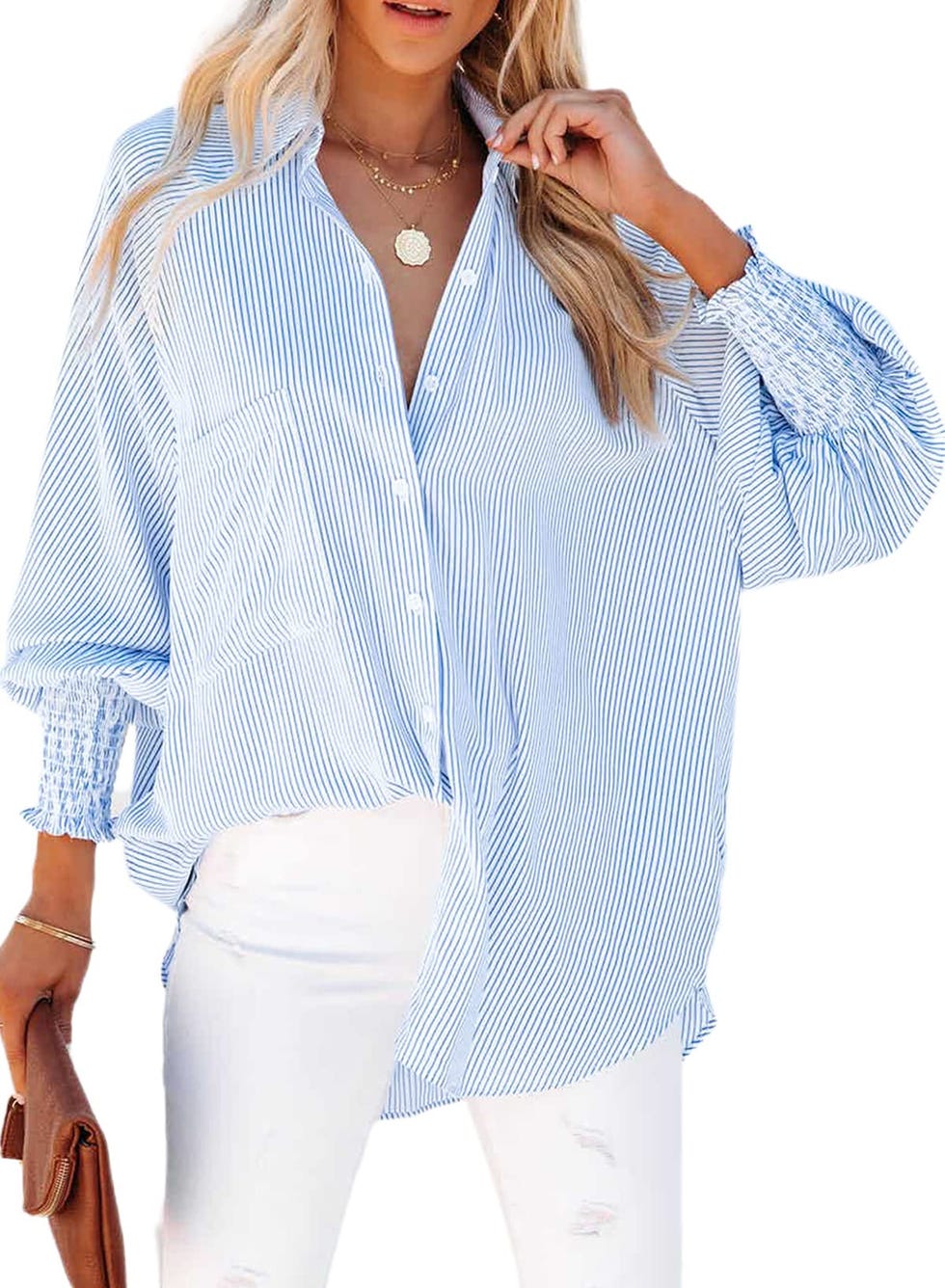 Smocked Cuffed Striped Boyfriend Shirt