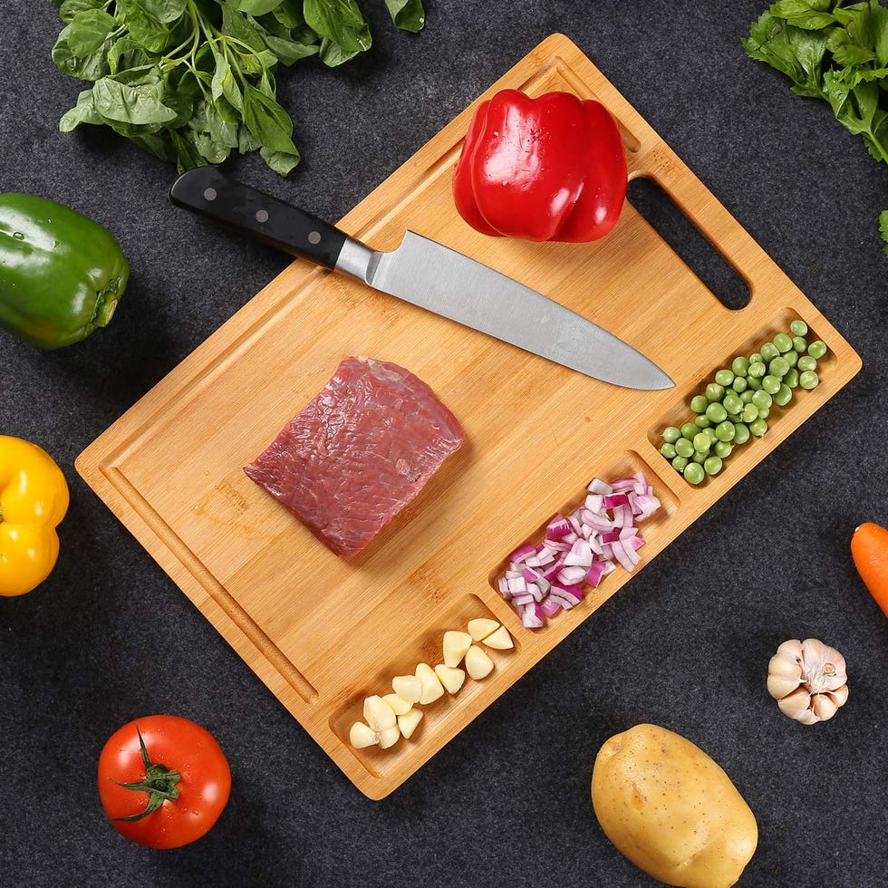 Bamboo Cutting Board with Built-in Compartments and Juice Grooves