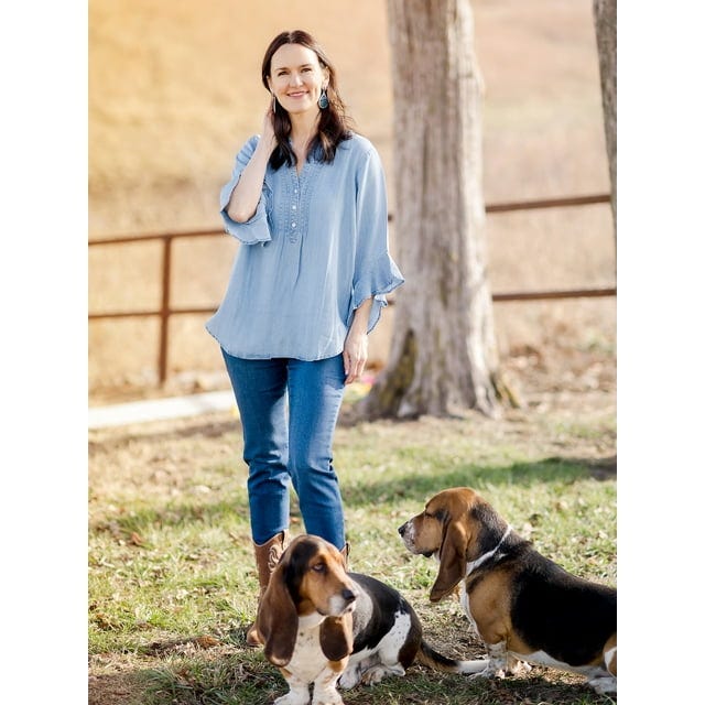 The Pioneer Woman 3/4 Ruffle Sleeve Pleated V-Neck Blouse