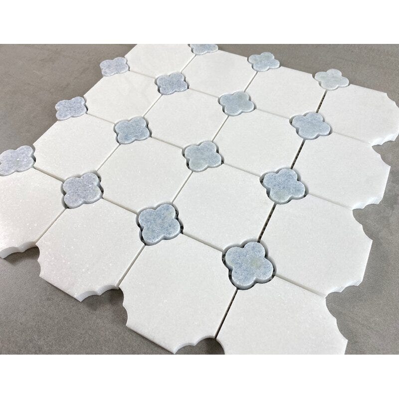 Thassos White Marble Octagon and Blue Celeste Clover Tile