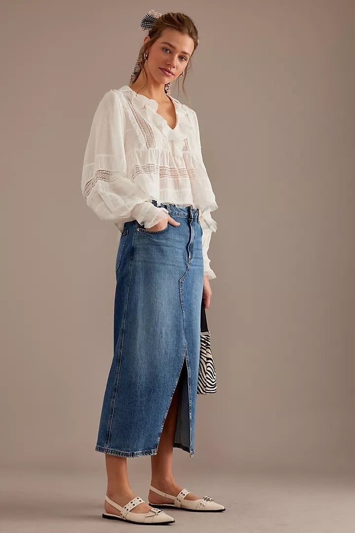 High-Waisted Front Slit Denim Midi Skirt