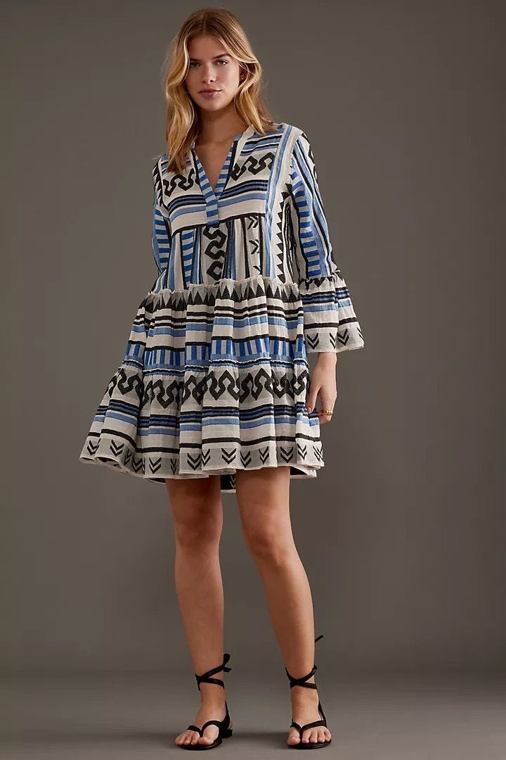 Ella Blue Flared-Sleeve Tiered A-Line Mini Dress