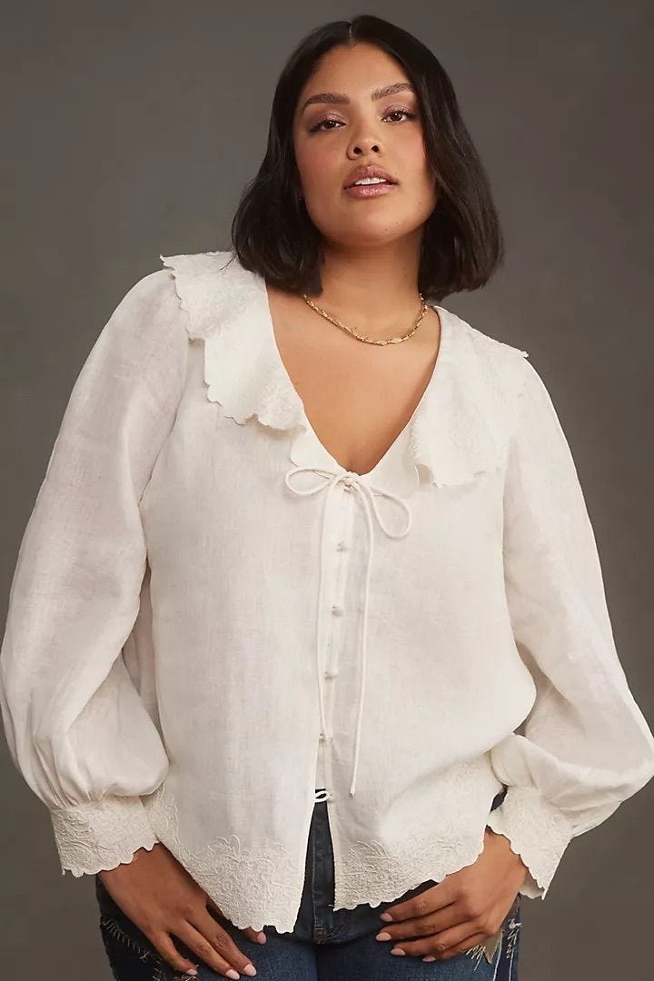 Long-Sleeve Embroidered Linen Tie-Front Top